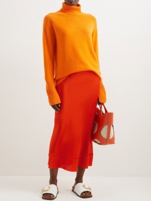 LEE MATHEWS Stella silk-satin midi skirt / vibrant orange fluid fabric skirts / women’s minimalist clothes