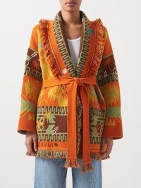 ALANUI Summer Vibes wool cardigan / women’s orange patterned fringe trim cardigans / tie waist / fringed knitwear