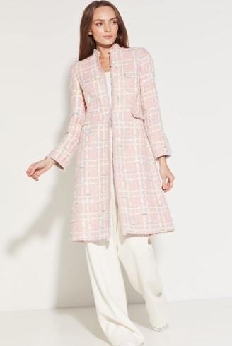 LALAGE BEAUMONT Claire Pale Pink Tweed Dress-Coat with Pastel Checks / chic checked occasion coat / summer event outerwear / womens occasion clothes - flipped
