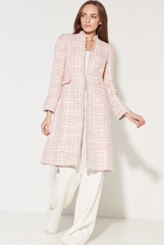 LALAGE BEAUMONT Claire Pale Pink Tweed Dress-Coat with Pastel Checks / chic checked occasion coat / summer event outerwear / womens occasion clothes