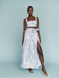 REFORMATION Palm Linen Two Piece in Aliso / summer floral print skirt and crop top fashion sets / feminine skirts and tops co-ords / cropped cami and tie waist wrap skirt set / holiday clothes