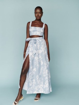 REFORMATION Palm Linen Two Piece in Aliso / summer floral print skirt and crop top fashion sets / feminine skirts and tops co-ords / cropped cami and tie waist wrap skirt set / holiday clothes - flipped