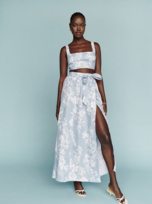 REFORMATION Palm Linen Two Piece in Aliso / summer floral print skirt and crop top fashion sets / feminine skirts and tops co-ords / cropped cami and tie waist wrap skirt set / holiday clothes