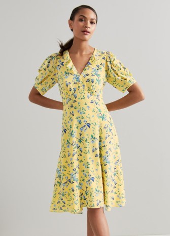 L.K. BENNETT Pami Yellow Apple Blossom Print Silk Dress / luxe floral dip hem tea dresses / feminine vintage style occasion dresses / beautiful summer event clothes - flipped