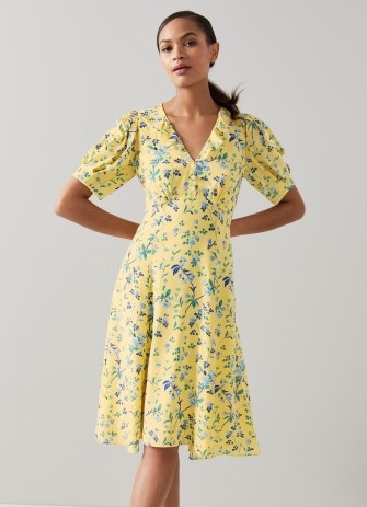 L.K. BENNETT Pami Yellow Apple Blossom Print Silk Dress / luxe floral dip hem tea dresses / feminine vintage style occasion dresses / beautiful summer event clothes