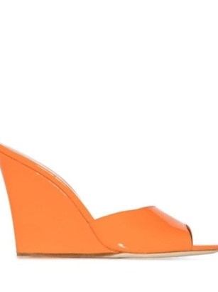 Paris Texas Wanda 110mm wedge mules / orange glossy wedged heel sandals / vibrant leather wedges - flipped