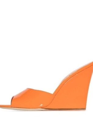 Paris Texas Wanda 110mm wedge mules / orange glossy wedged heel sandals / vibrant leather wedges
