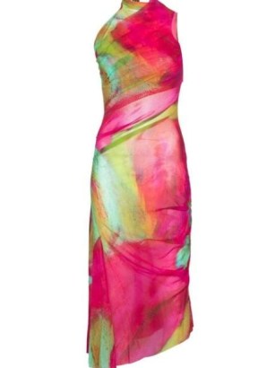 Paula Canovas del Vas abstract-print mesh midi dress – pink sleeveless asymmetric design dresses – contemporary ruched summer occasion clothes - flipped