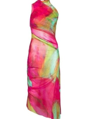 Paula Canovas del Vas abstract-print mesh midi dress – pink sleeveless asymmetric design dresses – contemporary ruched summer occasion clothes