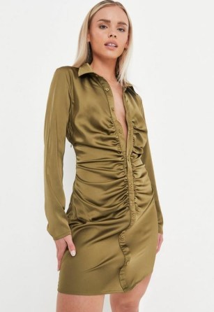 MISSGUIDED petite olive ruched satin shirt dress ~ green long sleeved front gathered dresses - flipped