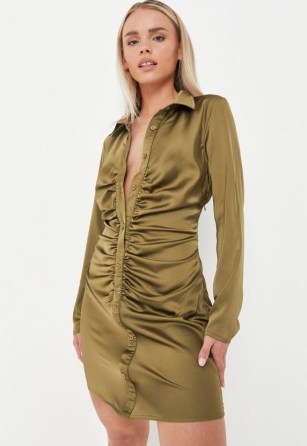 MISSGUIDED petite olive ruched satin shirt dress ~ green long sleeved front gathered dresses