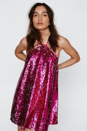 NASTY GAL Petite Sequin Strappy Cross Back Dress Hot Pink ~ sequinned halterneck mini dresses ~ glittering halter neck party fashion - flipped