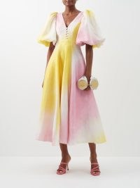 AJE Cloudburst tie-dyed linen-blend midi dress ~ women’s pink and yellow puff sleeved dresses ~ MATCHESFASHION womens designer occasion clothes ~ romantic summer event fashion ~ romance inspired garden party clothing ~ open back detail