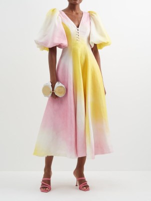 AJE Cloudburst tie-dyed linen-blend midi dress ~ women’s pink and yellow puff sleeved dresses ~ MATCHESFASHION womens designer occasion clothes ~ romantic summer event fashion ~ romance inspired garden party clothing ~ open back detail - flipped