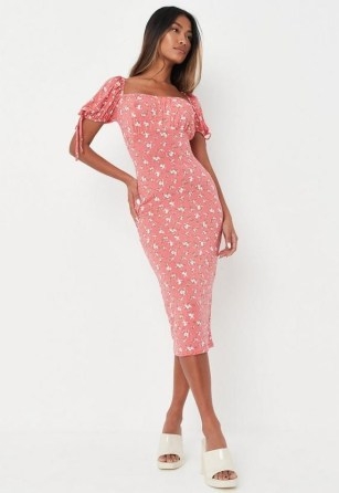 MISSGUIDED pink floral print milkmaid midaxi dress ~ puff sleeved tie detail dresses - flipped