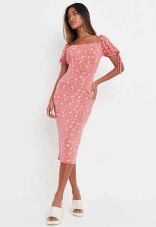 MISSGUIDED pink floral print milkmaid midaxi dress ~ puff sleeved tie detail dresses