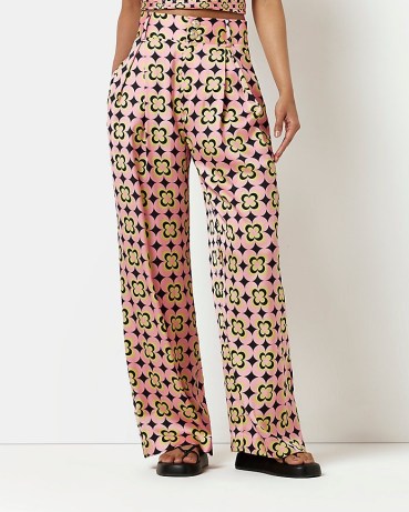 RIVER ISLAND PINK FLORAL SATIN WIDE LEG TROUSERS ~ women’s retro inspired flower print pants - flipped