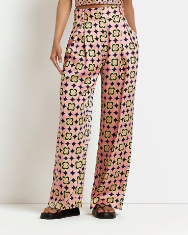RIVER ISLAND PINK FLORAL SATIN WIDE LEG TROUSERS ~ women’s retro inspired flower print pants
