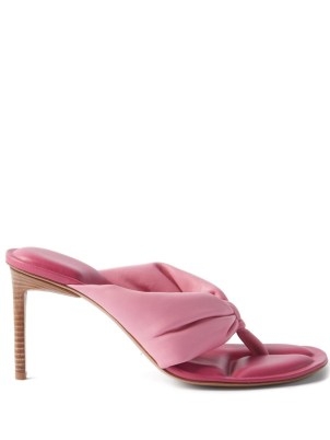 JACQUEMUS Nocio ruched-strap leather sandals ~ pink toe post high heel mules - flipped