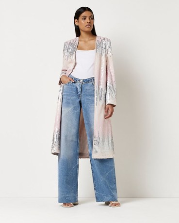 RIVER ISLAND PINK OMBRE SEQUIN LONGLINE JACKET ~ sequinned long length open front jackets ~ glittering duster coat - flipped
