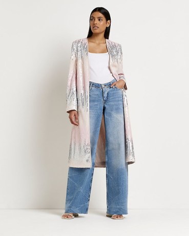 RIVER ISLAND PINK OMBRE SEQUIN LONGLINE JACKET ~ sequinned long length open front jackets ~ glittering duster coat
