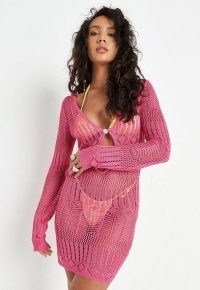Missguided pink pointelle crochet knit mini dress | knitted beach dresses | sheer poolside cover up