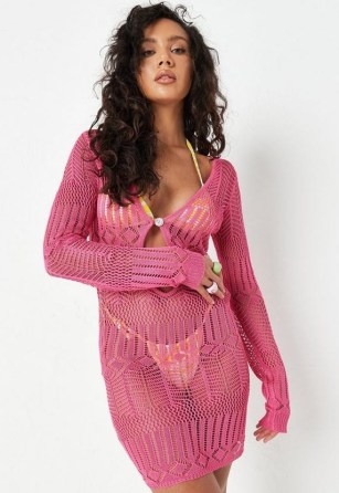 Missguided pink pointelle crochet knit mini dress | knitted beach dresses | sheer poolside cover up - flipped