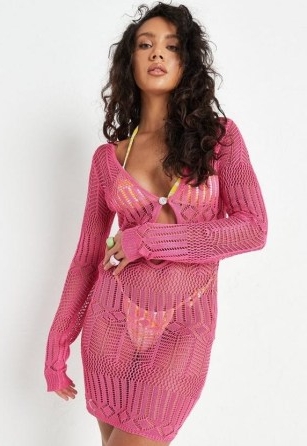 Missguided pink pointelle crochet knit mini dress | knitted beach dresses | sheer poolside cover up