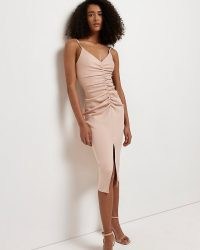 RIVER ISLAND PINK RUCHED BODYCON MIDI DRESS ~ skinny shoulder strap split hem evenning dresses ~ perfect date night look ~ going out fashion