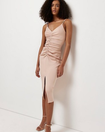 RIVER ISLAND PINK RUCHED BODYCON MIDI DRESS ~ skinny shoulder strap split hem evenning dresses ~ perfect date night look ~ going out fashion - flipped