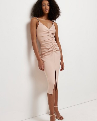RIVER ISLAND PINK RUCHED BODYCON MIDI DRESS ~ skinny shoulder strap split hem evenning dresses ~ perfect date night look ~ going out fashion