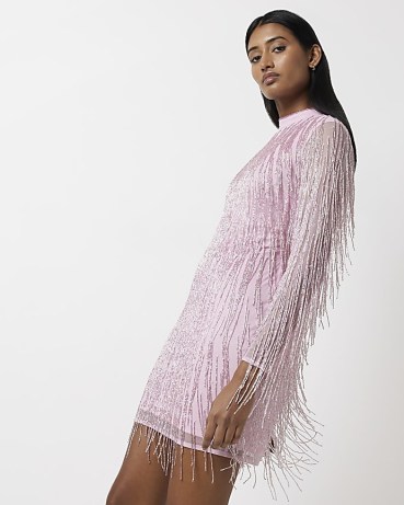 RIVER ISLAND PINK SEQUIN FRINGE MINI DRESS ~ fringed going out evening dresses ~ galmorous party fashion ~ on-trend occasion clothes - flipped