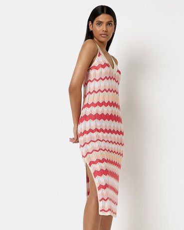 RIVER ISLAND PINK STRIPED KNITTED BODYCON MIDI DRESS ~ sleeveless zig zag stripe dresses - flipped