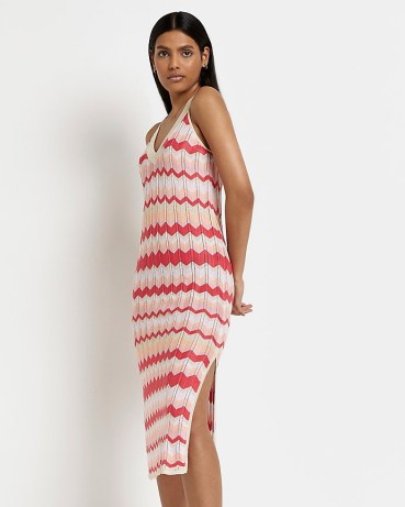 RIVER ISLAND PINK STRIPED KNITTED BODYCON MIDI DRESS ~ sleeveless zig zag stripe dresses