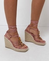 RIVER ISLAND PINK STUDDED STRAPPY WEDGES / wedged ankle tie sandals / summer wedge heel shoes
