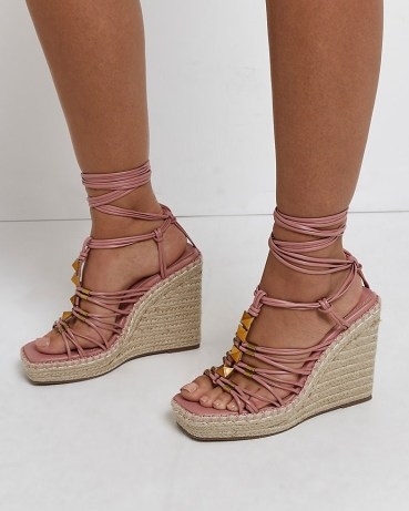 RIVER ISLAND PINK STUDDED STRAPPY WEDGES / wedged ankle tie sandals / summer wedge heel shoes - flipped