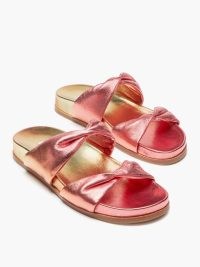 AQUAZZURA Twist metallic-leather slides | luxe pink and gold double twisted strap sliders | women’s shiny summer sandals