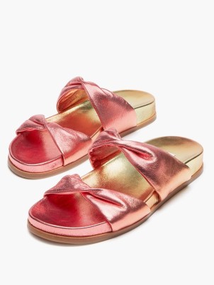 AQUAZZURA Twist metallic-leather slides | luxe pink and gold double twisted strap sliders | women’s shiny summer sandals - flipped