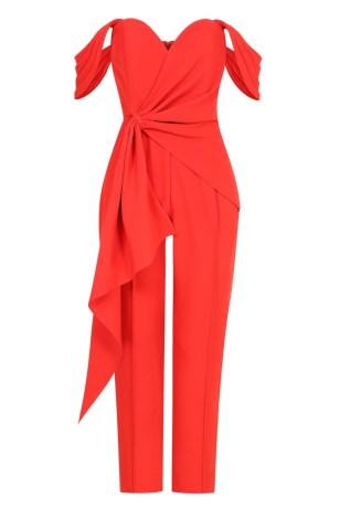 lavish alice pleated off shoulder tailored jumpsuit in red – bardot occasion jumpsuits – draped waist detail – evening glamour – glamorous special event clothes - flipped