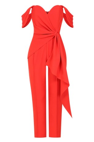 lavish alice pleated off shoulder tailored jumpsuit in red – bardot occasion jumpsuits – draped waist detail – evening glamour – glamorous special event clothes