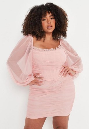 MISSGUIDED plus size pink mesh corset puff sleeve mini dress ~ long sheer sleeved dresses ~ ruched going out fashion - flipped