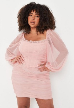 MISSGUIDED plus size pink mesh corset puff sleeve mini dress ~ long sheer sleeved dresses ~ ruched going out fashion