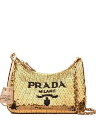 Prada Re-Edition 2005 sequin logo shoulder bag / gold sequinned bags / luxe designer handbags
