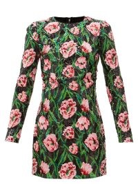 DOLCE & GABBANA Floral-print sequinned mini dress ~ green and pink sequin covered long sleeved occasion dresses ~ glittering evening event clothes ~ beautiful Italian clothing