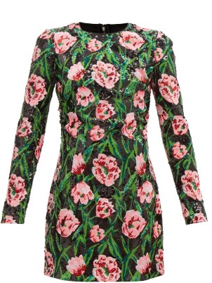 DOLCE & GABBANA Floral-print sequinned mini dress ~ green and pink sequin covered long sleeved occasion dresses ~ glittering evening event clothes ~ beautiful Italian clothing - flipped