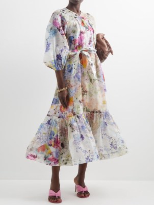ZIMMERMANN Prima floral-print silk-blend organza midi dress – multicoloured romance inspired summer occasion dresses – feminine event clothes – tie waist – tiered hem – romantic style fashion – beautiful garden party clothing - flipped