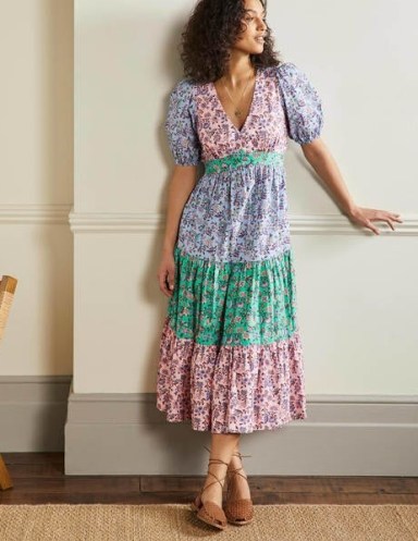 Boden Puff Sleeve Tiered Midi Dress Formica Pink, Oriental Meadow / women’s floral print summer dresses / feminine empired waist cotton frock