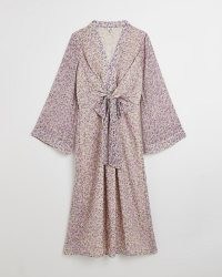 RIVER ISLAND PURPLE FLORAL SHIFT MIDI DRESS ~ long fluted sleeve dresses ~ knot front detail fashion