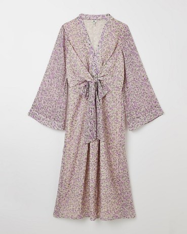 RIVER ISLAND PURPLE FLORAL SHIFT MIDI DRESS ~ long fluted sleeve dresses ~ knot front detail fashion - flipped