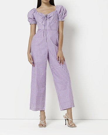 River Island PURPLE GINGHAM JUMPSUIT – checked puff sleeve jumpsuits – check print fashion – tie front detail clothes – cute puffed sleeved all-in-one - flipped
